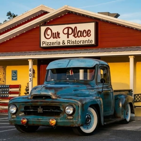 A rusty blue vintage pickup truck parked in front of "Our Place Pizzeria & Ristorante".