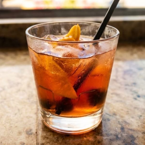 A glass of amber-colored cocktail with ice, orange peel, and a black straw on a granite counter.