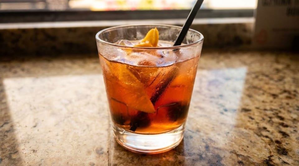 A glass of amber-colored cocktail with ice, orange peel, and a black straw on a granite counter.