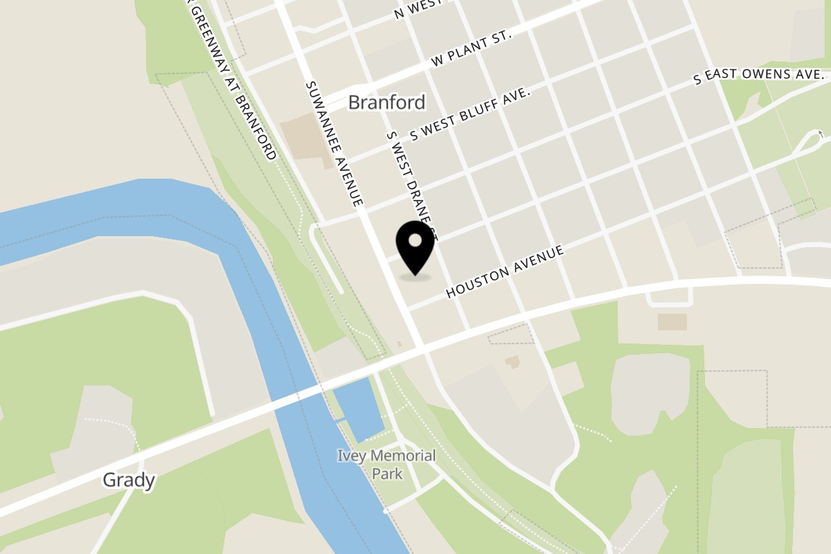 Map showing the location of Our Place Pizzeria and Italian Ristorante Branford on 403 SW Suwannee Ave in Branford
